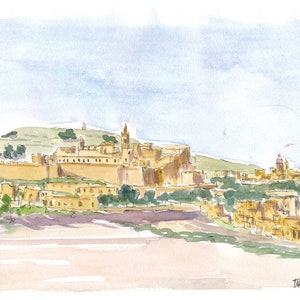 Gozo Ghawdex Malta Victoria Rabat Old Town Skyline and Citadel - Limited Edition Fine Art Print - Original Painting available