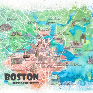 Mapa ilustrado de Boston Massachusetts EE. UU. con puntos de referencia y puntos destacados de las carreteras principales - Impresión de bellas artes