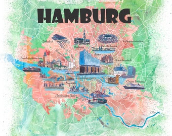 Hamburg Illustrated Favorite Map with touristic Top Ten Highlights - Fine Art Print