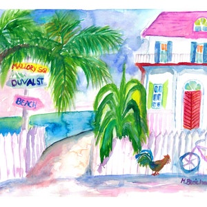 Key West Pink House and Signpost with Bike - Limited Edition Fine Art Print - Original Painting available