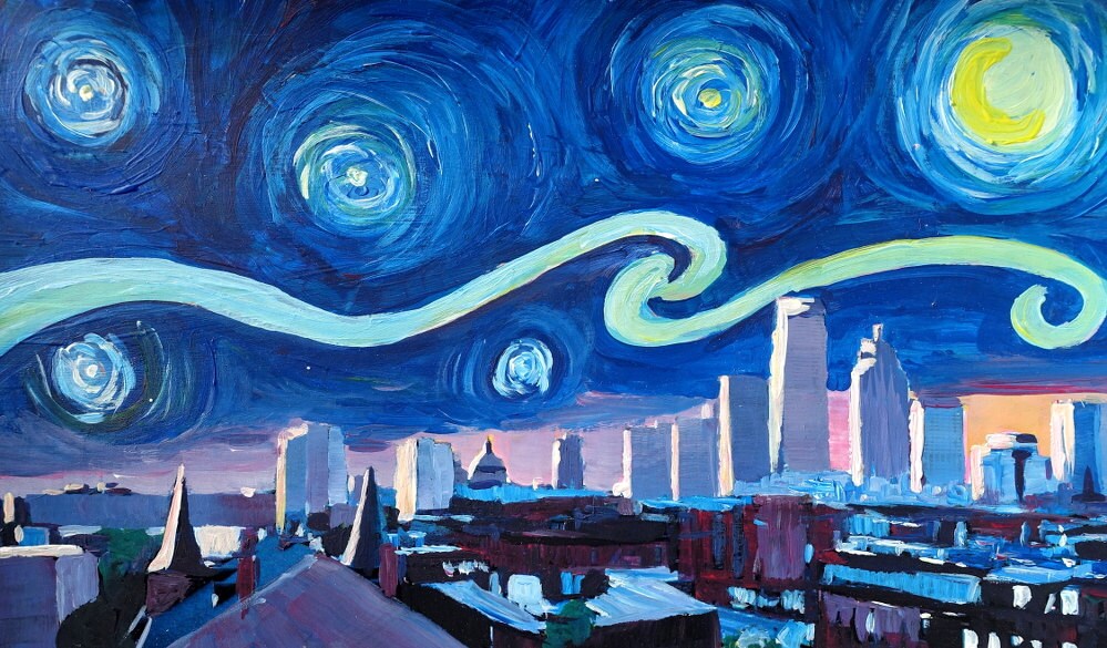 Starry Night in Boston - Van Gogh Inspirations with Massachusetts Skyline at Sunrise - Limited Edition Fine Art Print of Original Painting