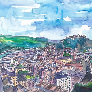 Salzburg Austria River Old Town and Castle With Getreidegasse - Limited Edition Fine Art Print - Original Painting available