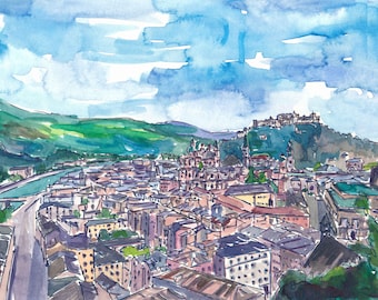 Salzburg Austria River Old Town and Castle With Getreidegasse - Limited Edition Fine Art Print - Original Painting available