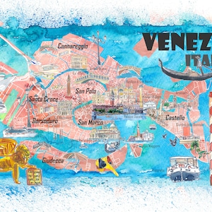 Mapa ilustrado de Venecia Italia con los principales canales Puntos de referencia y puntos destacados Impresión de póster