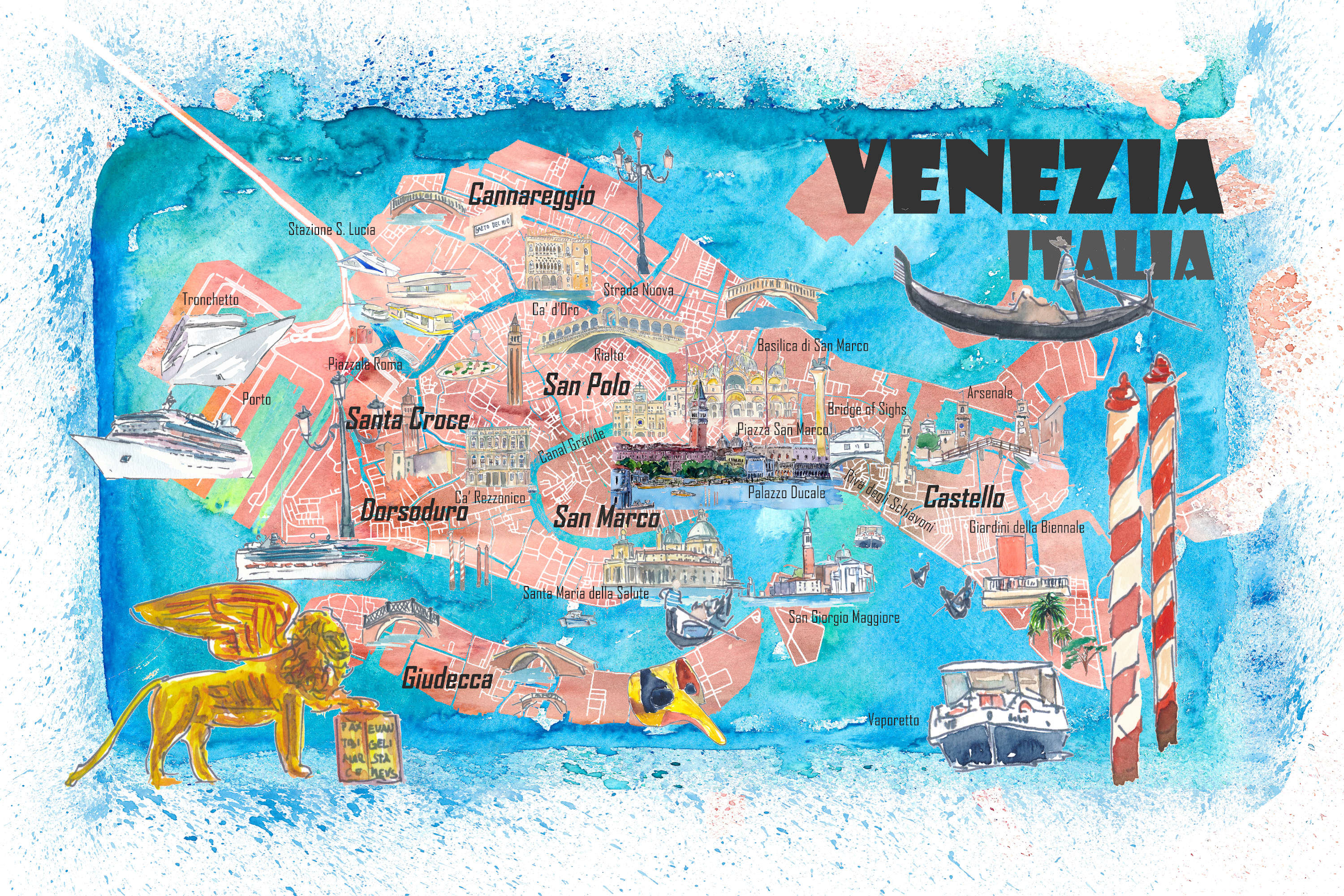 Venedig Italien Illustrierte Karte mit Hauptkanal - Etsy.de