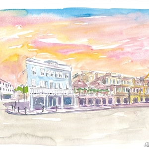 Escena de Queen St Front St en Hamilton Bermuda al atardecer - Impresión de bellas artes de edición limitada - Pintura original disponible