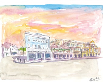 Queen St Front St Scene in Hamilton Bermuda at Sunset - Limited Edition Fine Art Print - Original Painting available