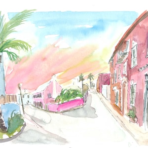 Sunny Bermuda Street Scene In St George&#39;s - Limited Edition Fine Art Print - Original Painting available