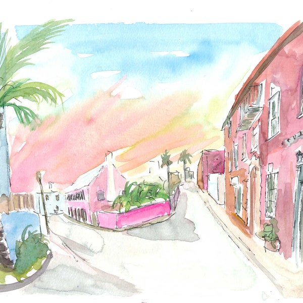 Sonnige Bermuda Street Scene In St George's - Limitierte Auflage Fine Art Print - Original Gemälde erhältlich