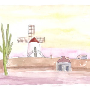 Lanzarote Canary Island Landscape with Windmill and Cacti - Limited Edition Fine Art Print - Original Painting available