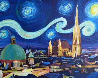 Starry Night Vienna At Night with St Stephan - Limited Edition Fine Art Print/Original Canvas Painting