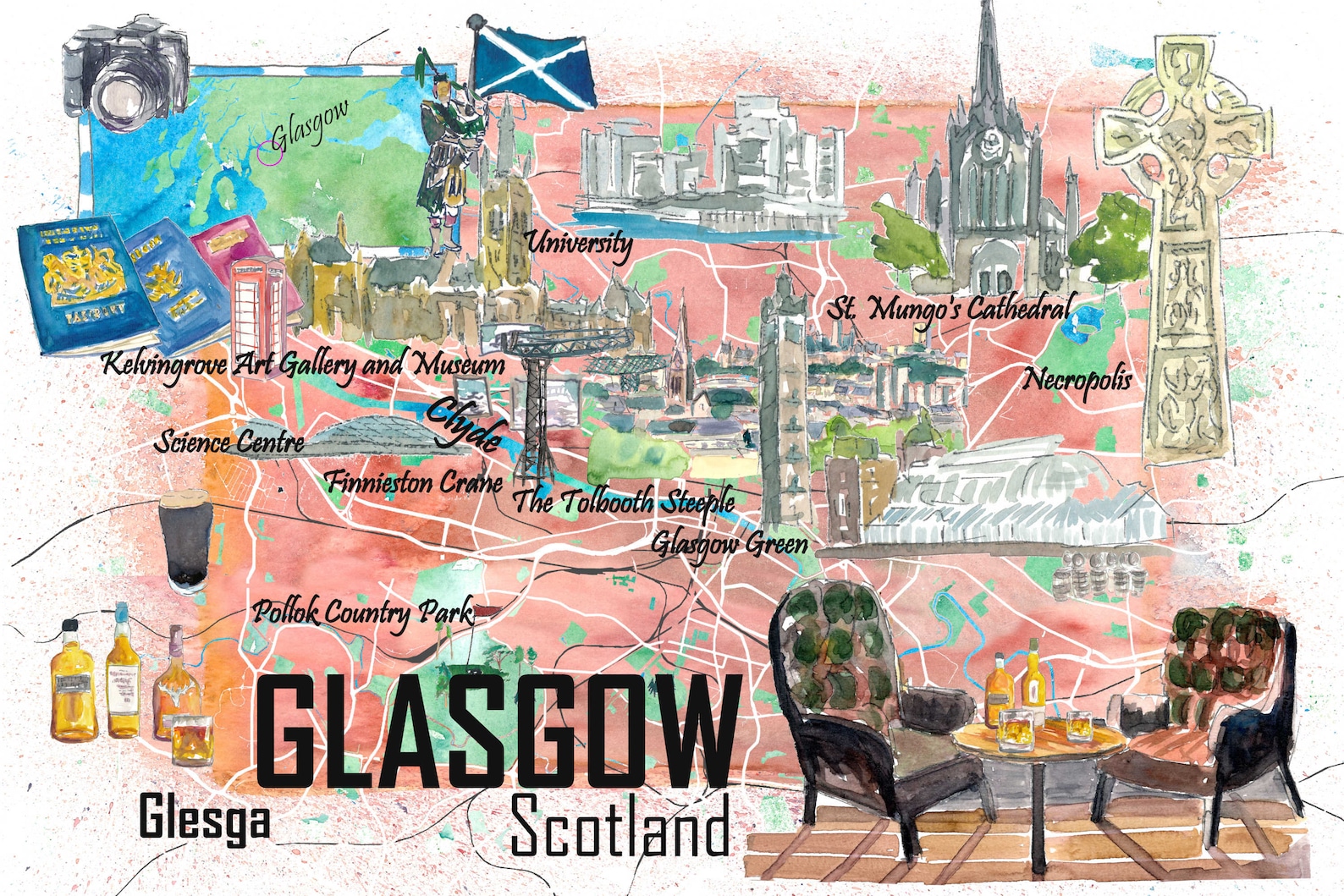 Glasgow Scotland Illustrated Travel Map With Roads and Etsy