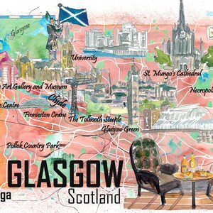 Glasgow Scotland Illustrated Travel Map with Roads and Highlights