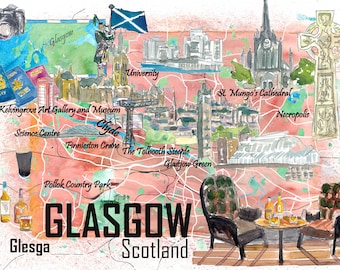 Glasgow Scotland Illustrated Travel Map with Roads and Highlights