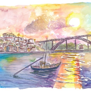 Porto Portugal Old City with Ponte Luís I and Sunset - Limited Edition Fine Art Print - Original Painting available image 1