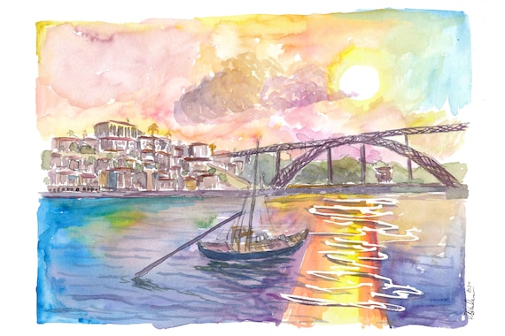 Porto Portugal Old City with Ponte Luís I and Sunset - Limited Edition Fine Art Print - Original Painting available