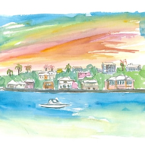 Bermuda Shoreline with Houses Palms and Boat - Limited Edition Fine Art Print - Original Painting available