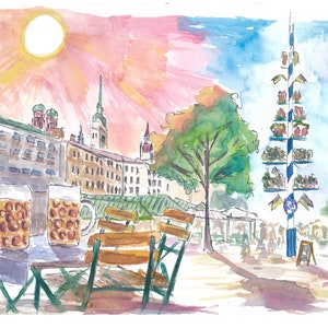 Munich Cosy Beergarden with Maypole and Historic Center - Limited Edition Fine Art Print - Original Painting available