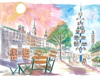 Munich Cosy Beergarden with Maypole and Historic Center - Limited Edition Fine Art Print - Original Painting available