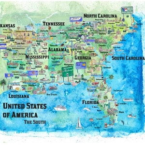 USA Southern States Travel Poster Karte Florida Louisiana Mississippi Arkansas Carolinas Georgia