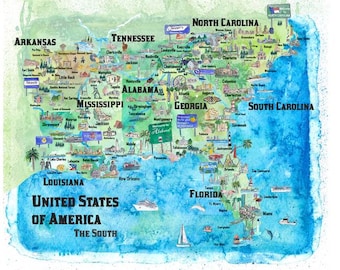 USA Southern States Travel Poster Map Florida Louisiana Mississippi Arkansas Carolinas Georgia