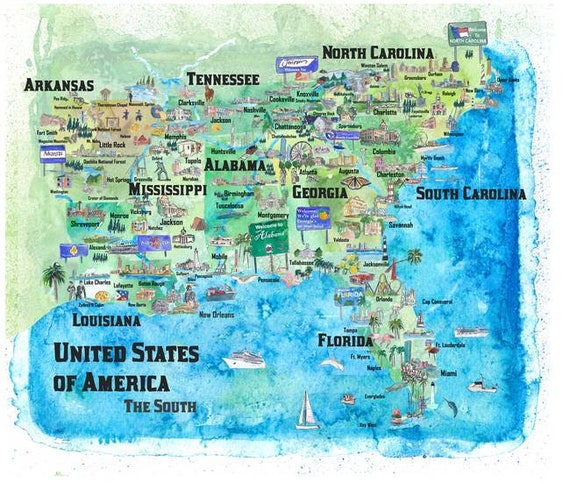 USA Southern States Travel Poster Map Florida Louisiana 