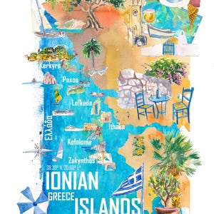 May include: Watercolor illustration of the Ionian Islands in Greece. The map features landmarks, sailboats, and beaches. The text "IONIAN GREECE ISLANDS" is prominently displayed, along with the Greek flag and coordinates.
