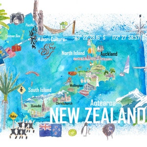 Carte de voyage illustrée de la Nouvelle-Zélande avec des faits saillants touristiques - Fine Art Print