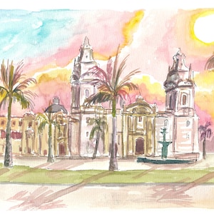 Lima Peru Paisagem urbana em aquarela com Plaza Mayor - Impressão de belas artes de edição limitada - Pintura original disponível