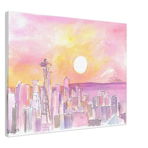 May include: A watercolor painting of the Seattle skyline with the Space Needle, Mount Rainier, and a large sun in the sky. The painting is done in shades of pink, yellow, and purple.