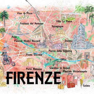 Florence Italië Geïllustreerde reiskaart met wegen, monumenten en toeristische hoogtepunten Fine Art Print