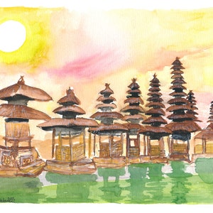 Sunset over stunning Balinese Temple and Garden in Indonesia - Limited Edition Fine Art Print - Original Painting available