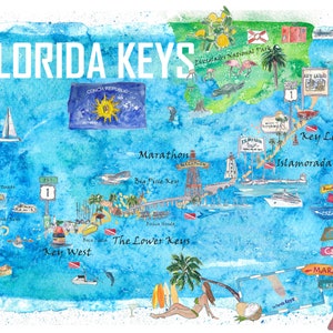 Florida Keys Key West Marathon Key Largo Illustrated Travel Poster Mappa preferita 2nd Signpost Edition