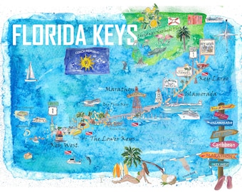 Florida Keys Key West Marathon Key Largo Illustrated Travel Poster Favorite Map 2nd Signpost Edition