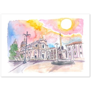 Erstaunliche Kuppel der Kathedrale von Catania mit Platz in Sizilien Italien - Limited Edition Fine Art Print - Original Gemälde verfügbar