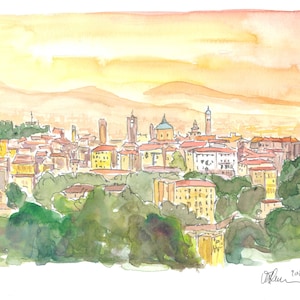 Bergamo Italia Città Alta al crepuscolo - Stampa Fine Art in edizione limitata - Dipinto originale disponibile
