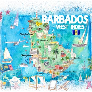 Barbados Antilles Illustrated Caribbean Travel Map with Highlights of West Indies Island Dream