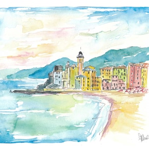 Spiaggia di Camogli con centro storico italiano - Stampa Fine Art in edizione limitata - Dipinto originale disponibile