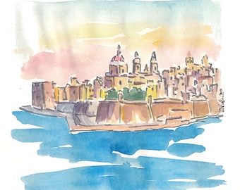 Valletta Malta Fortress at Sunset- Limited Edition Fine Art Print - Original Painting available