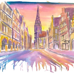 Sunset Streets of Münster Historic Skyline Painting - Limited Edition Fine Art Print - Original Painting available