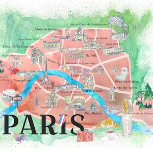 Poster di viaggio illustrato Parigi Francia Città dell'amore Mappa preferita Attrazioni turistiche