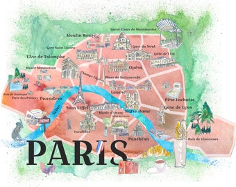 パリ フランス 愛の街 イラスト入り旅行ポスター お気に入りの地図
