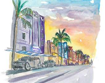 Miami Beach Ocean Drive Night And Lights - Impressão artística de edição limitada - Pintura original disponível
