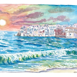 Incredible Mykonos Sunset with Little Venice And Beach Waves - Limited Edition Fine Art Print - Original Painting available
