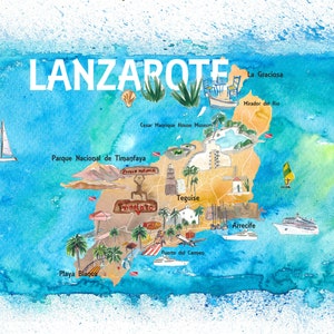 Lanzarote Canarias Espagne Carte illustrée avec des points de repère et des points forts