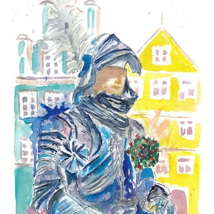 Armored Knight with Medieval Old Town Houses in Landshut Bavaria - Limited Edition Fine Art Print - Original Painting available