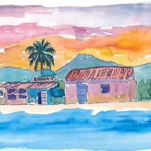 Caribbean Beach House Bodega At Sunset - Limited Edition Fine Art Print - Original Painting available