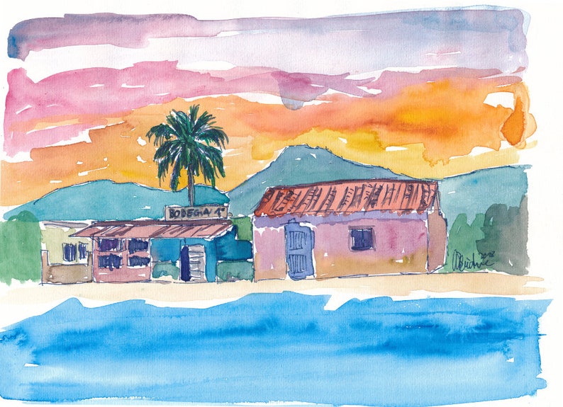Original Painting available Limited Edition Fine Art Print Caribbean Beach House Bodega At Sunset