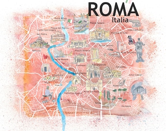 Rome Italy  Illustrated Map with Landmarks, Main Roads and Highlights