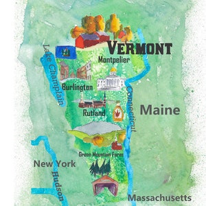 Carte d'affiche de voyage illustrée de l'État du Vermont aux États-Unis avec des points forts touristiques
